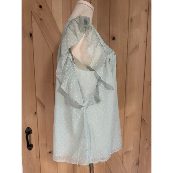 Loft | Dot Smocked Flutter Sleeve Swing Top Seafoam Green | Size Large - Picture 3 of 10